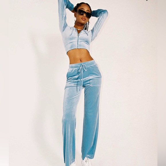 UNBRANDED Pants - Velour Hoodie Suit BLUE SIZE MEDIUM